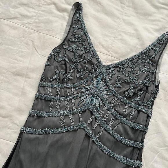 Vintage baby blue black mesh overlay beaded dress great Gatsby glam size 6 - Picture 2 of 8